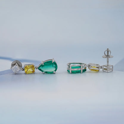 Green Pear And Yellow Radiant Diamond Drop Earrings Earrings