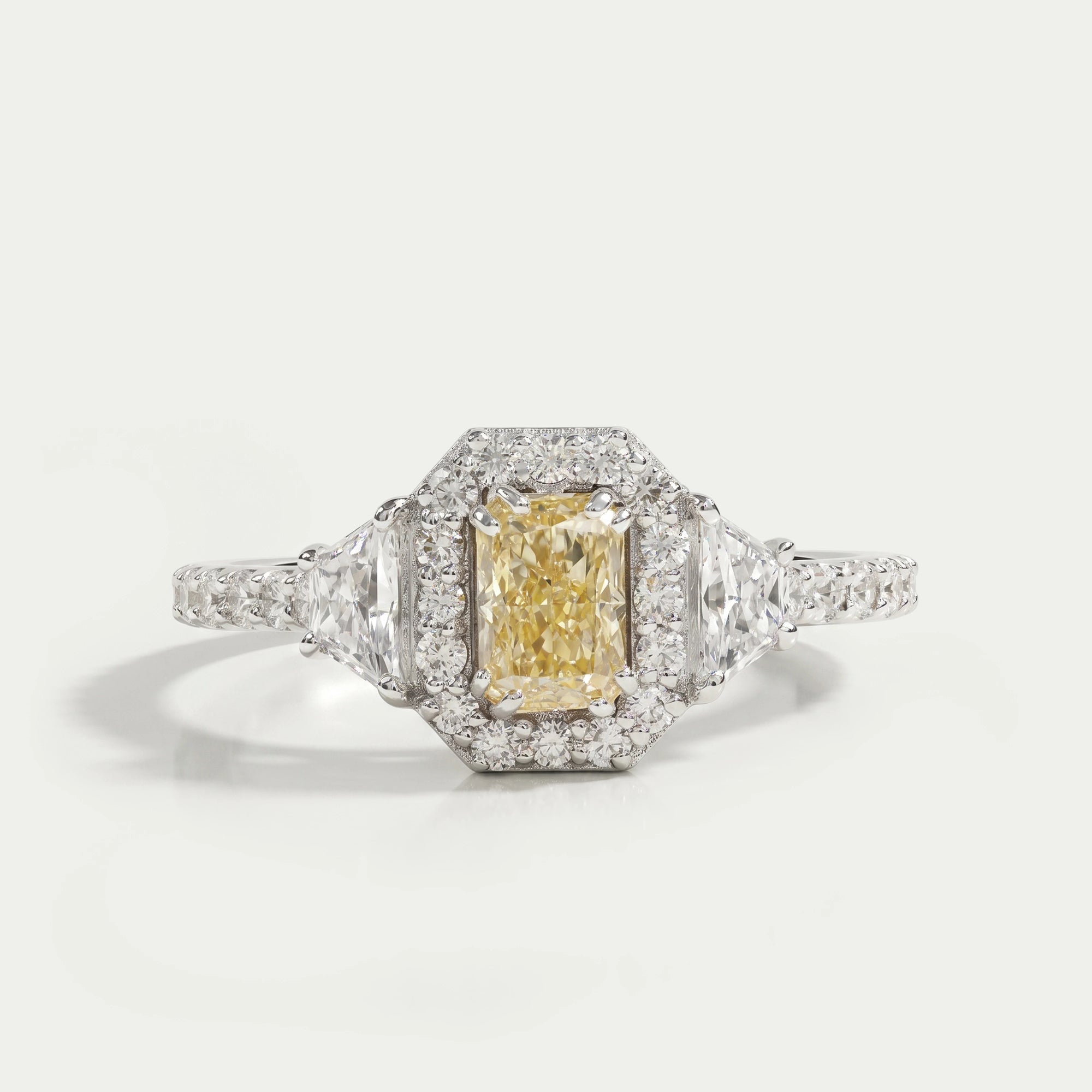 Yellow Radiant Cut Halo Three Stone Engagement Ring