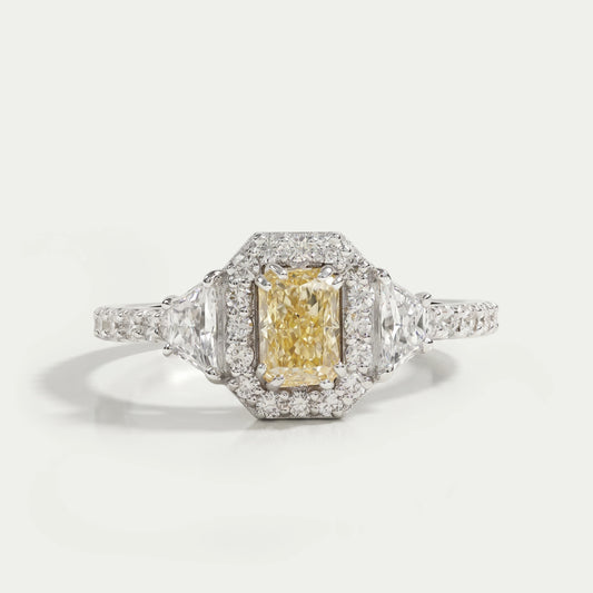 Yellow Radiant Cut Halo Three Stone Engagement Ring