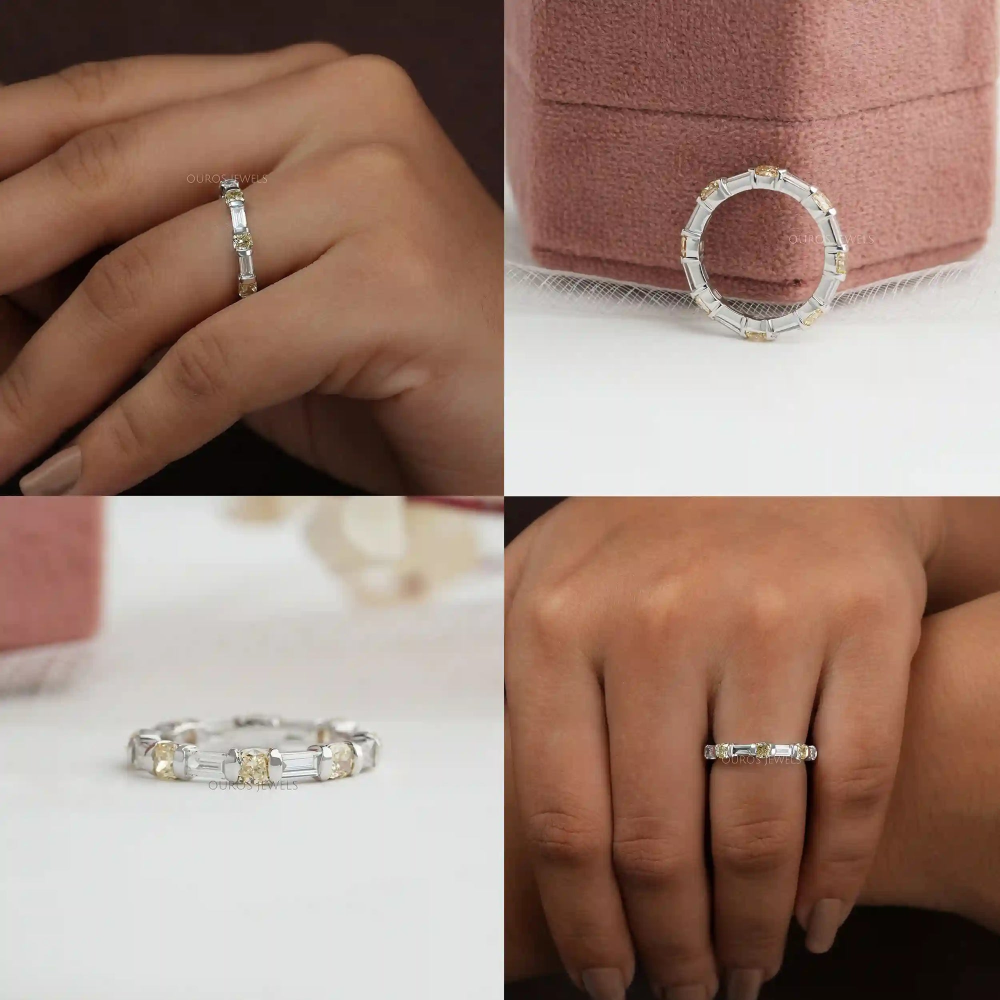 Yellow Cushion And Baguette Cut Lab Diamond Eternity Wedding Band