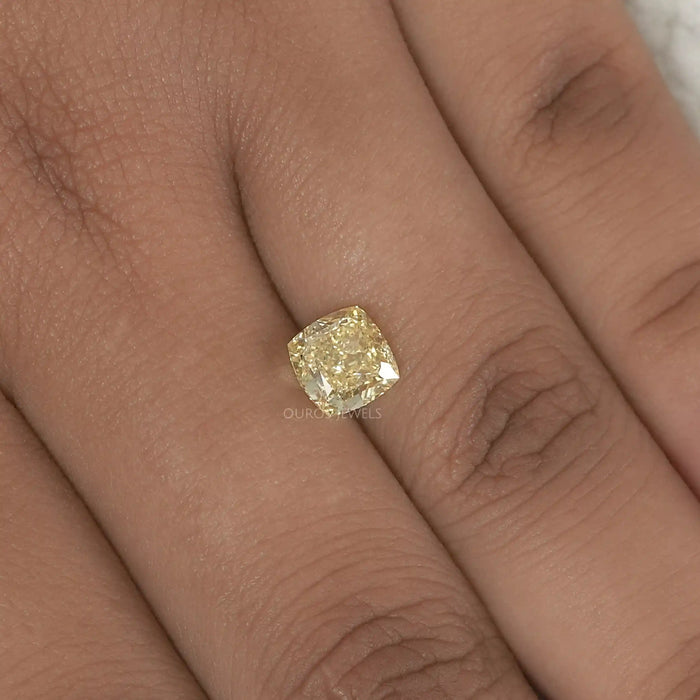 [Yellow Cushion Cut Diamond on Hand]-[Ouros Jewels]