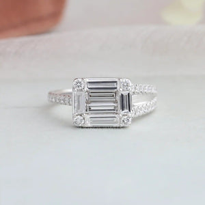 [Front View of Baguette Cut Round Lab Diamond Engagement Ring]-[Ouros Jewels]