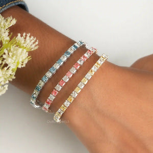 [A Women wearing Blue, Pink, Yellow Lab Diamond Bracelet]-[Ouros Jewels]