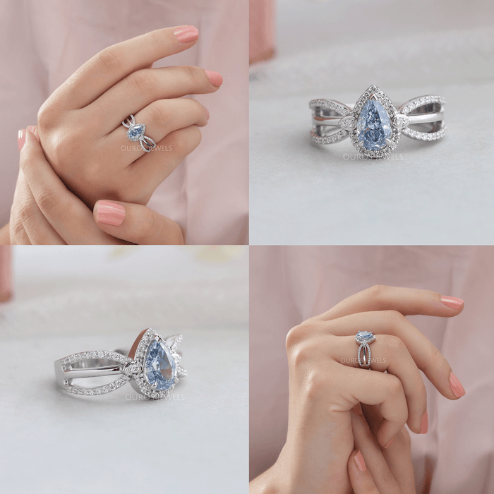 [Multi Side View Of Blue Pear Cut Halo Accent Diamond Engagement Ring]-[Ouros Jewels]