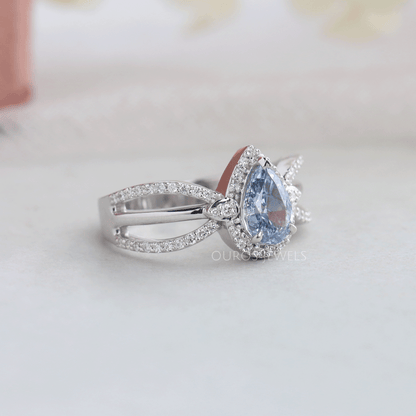 Blue Pear Cut Halo Accent Diamond Engagement Ring