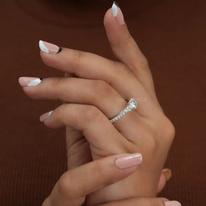 [A Women wearing Three Cushion Cut Engagement Ring]-[Ouros Jewels]