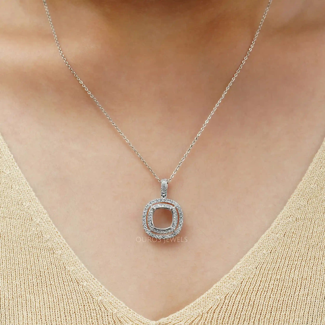 Cushion Shape Double Halo Semi Mount Pendant Necklaces