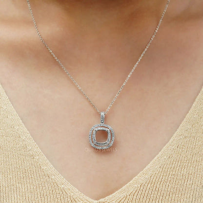 Cushion Shape Double Halo Semi Mount Pendant Necklaces