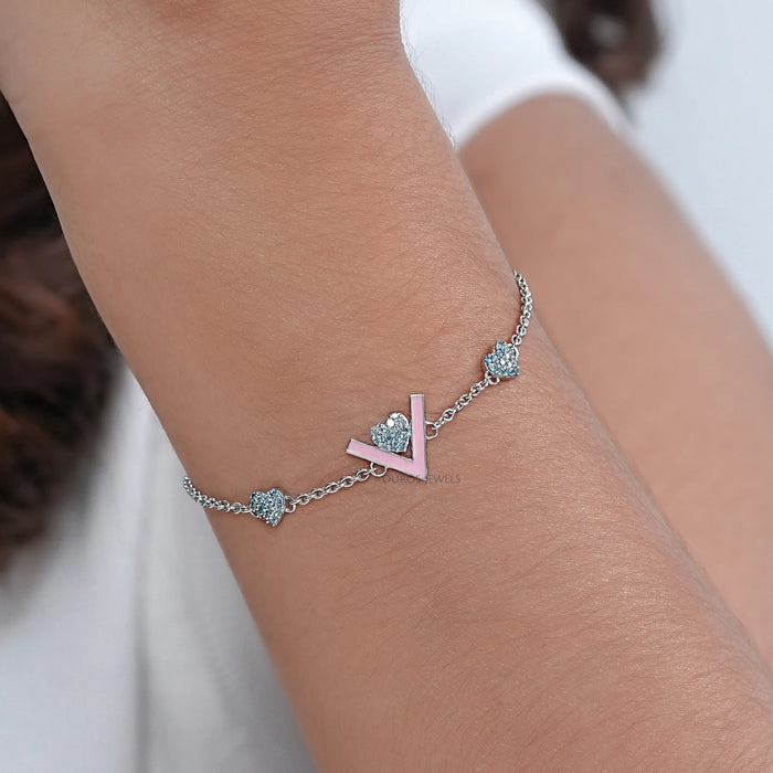 Heart Shaped Blue Round Diamond Bracelet For Baby Girl