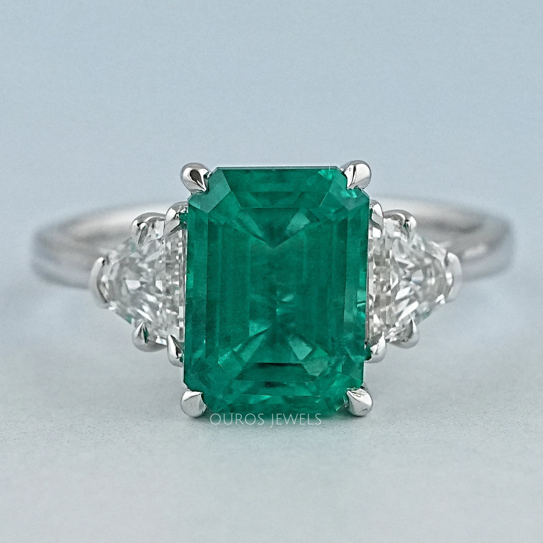 Green Emerald With Antique Diamond Three Stone Ring Ring