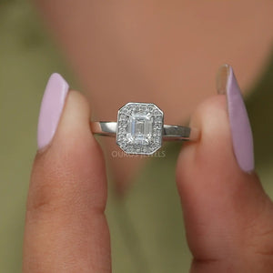 Emerald Cut Halo Diamond Ring With Round Accent Stones