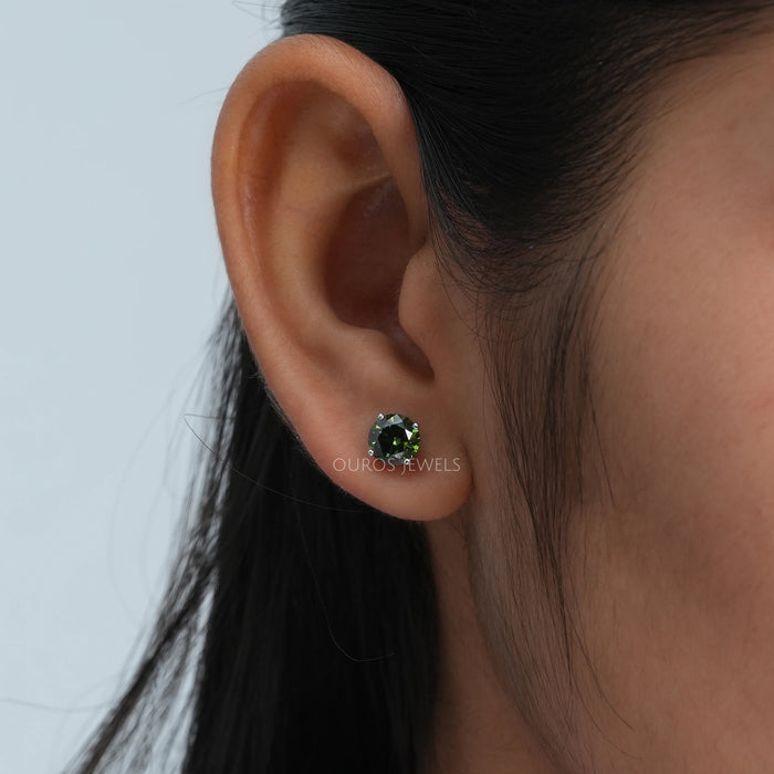 green round cut lab created diamond stud earrings white gold on ear