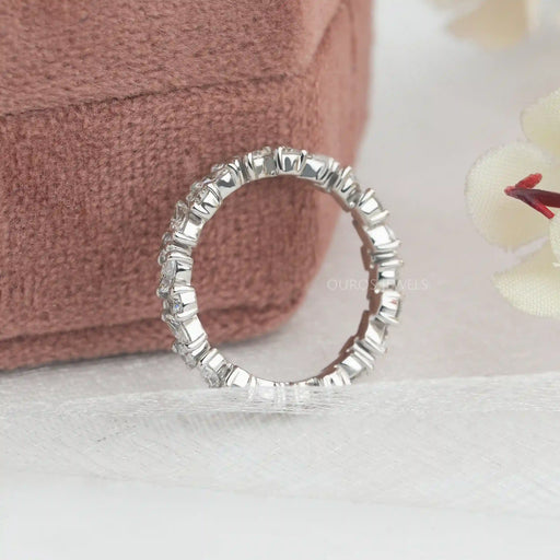 side view marquise and round man made diamond eternity wedding ring white gold