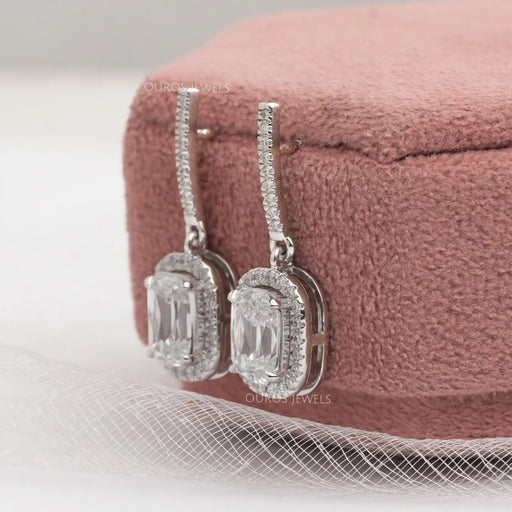 side view of old mine cushion cut diamond 4 prongs dangle earrings with halo