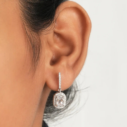 [A Women wearing Old Mine Cushion Cut Diamond Earrings]-[Ouros Jewels]