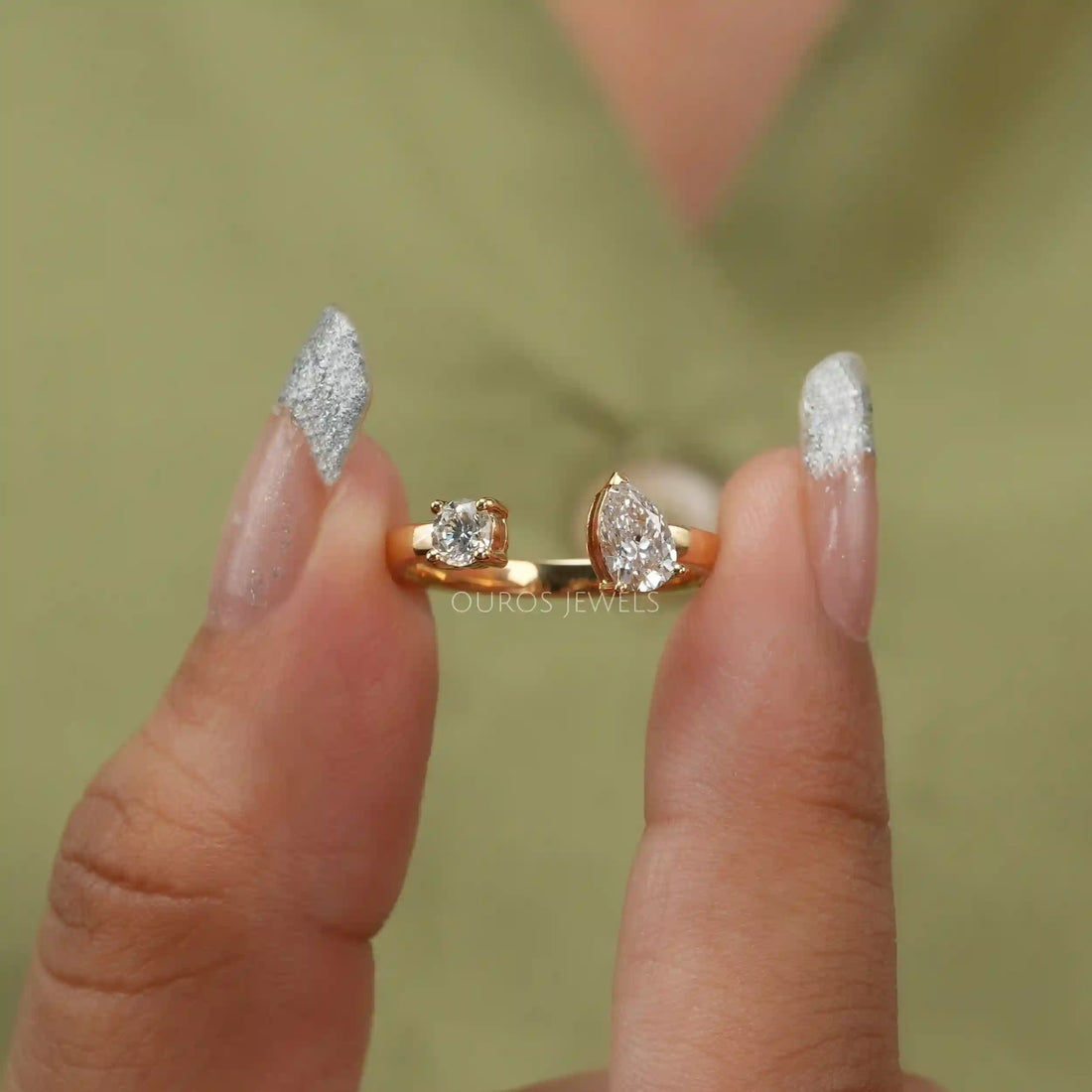 Pear And Round Cut Lab Diamond Open Cuff Ring Ring