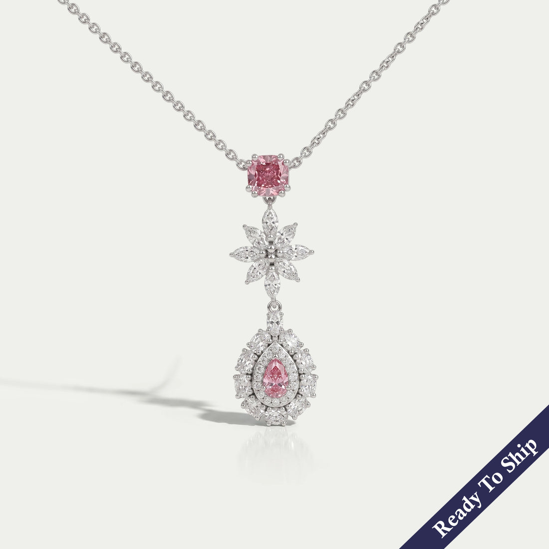 Pink Pear Diamond Double Halo Drop Pendant Necklaces