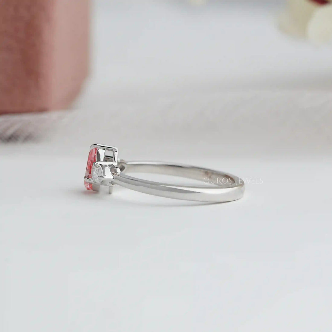 Pink Pear Cut Lab Diamond Three Stone Ring