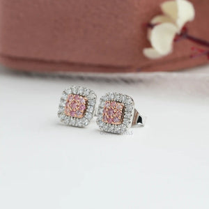 [Side View of Pink Round Diamond Halo Earrings]-[Ouros Jewels]