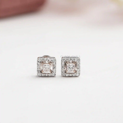 [Princess Cut Halo Diamond Stud Earrings]-[Ouros Jewels]