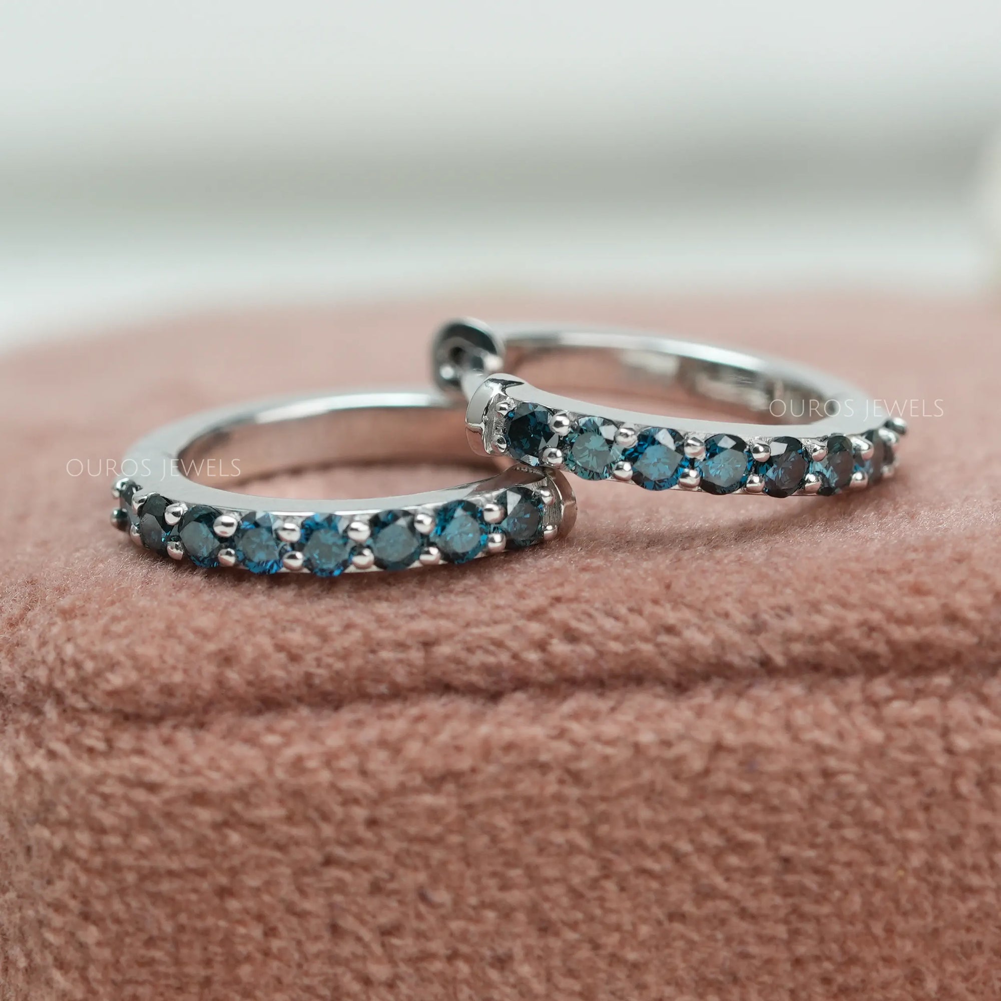 Fancy Round Cut Lab Grown Diamond Hoop Huggie Earrings Blue Earring