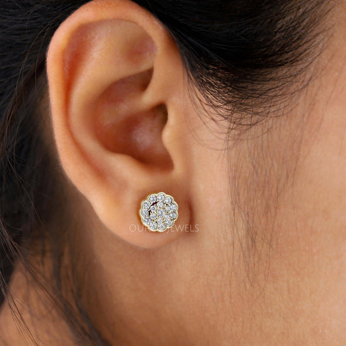round cut cluster lab grown diamond studs yellow gold on ear