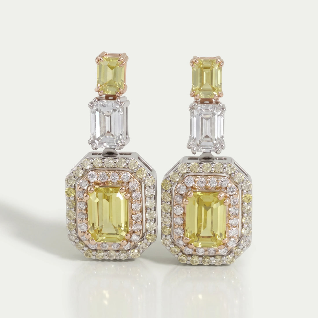 Yellow Emerald Lab Gemstone Double Halo Drop Earrings