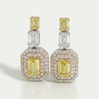 Yellow Emerald Lab Gemstone Double Halo Drop Earrings