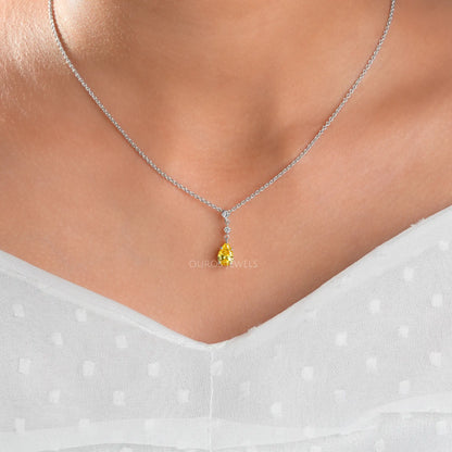 Yellow Pear Cut Three Stone Diamond Pendant Necklaces