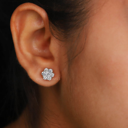 Floral Style Round Cut Halo Stud Earrings