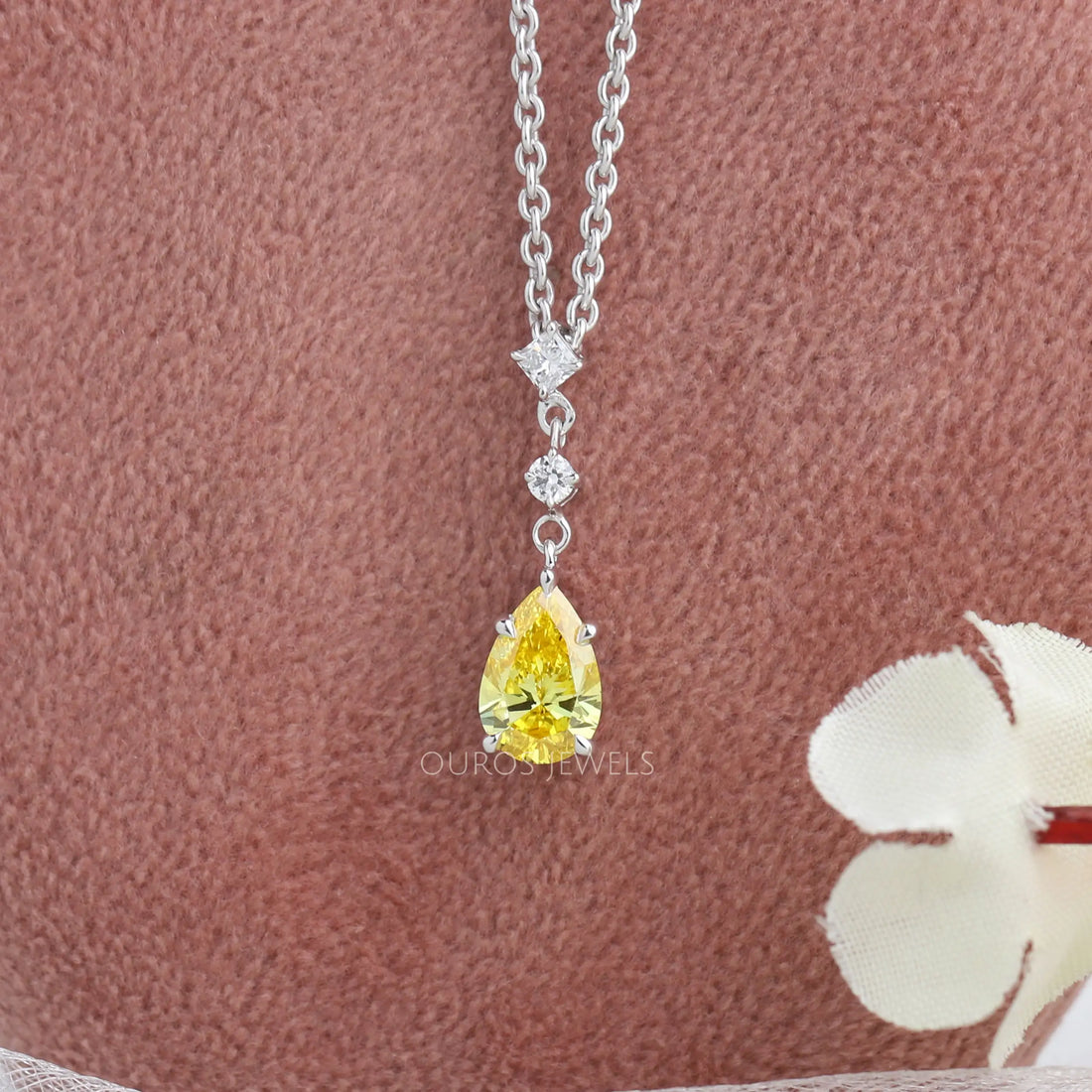 Yellow Pear Cut Three Stone Diamond Pendant Necklaces