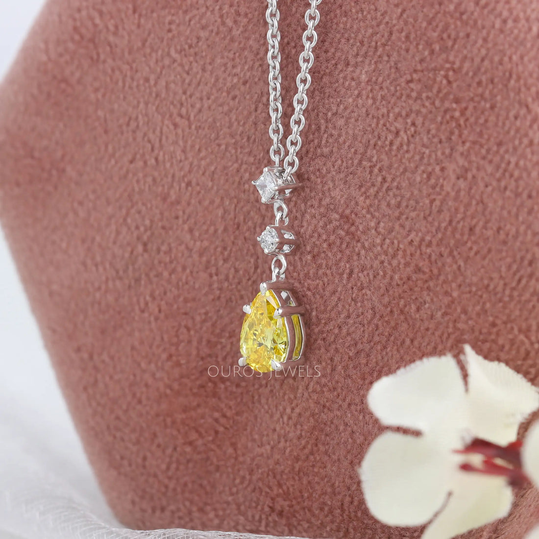 Yellow Pear Cut Three Stone Diamond Pendant Necklaces