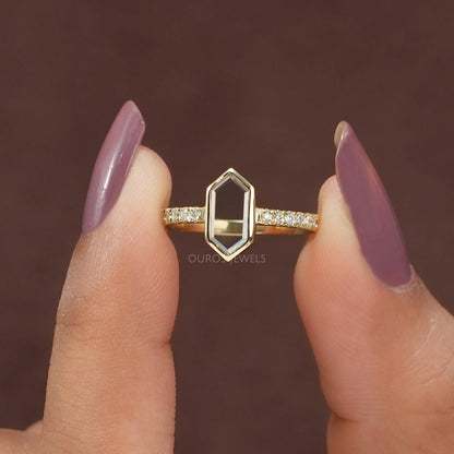 Hexagon Long Portrait Cut Diamond Solitaire Accent Ring
