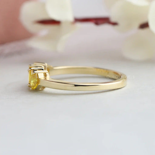 14k yellow gold shank of vintage emerald and marquise diamond engagement ring