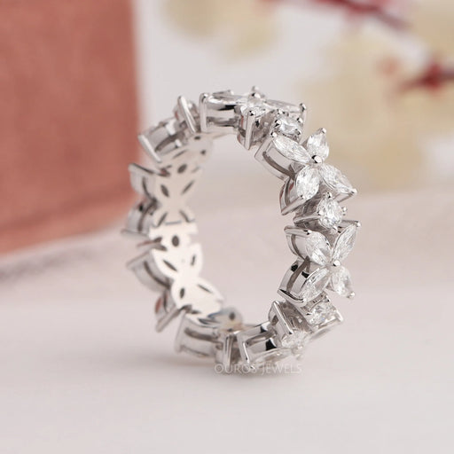 side view marquise and round diamond eternity engagement flower ring white gold
