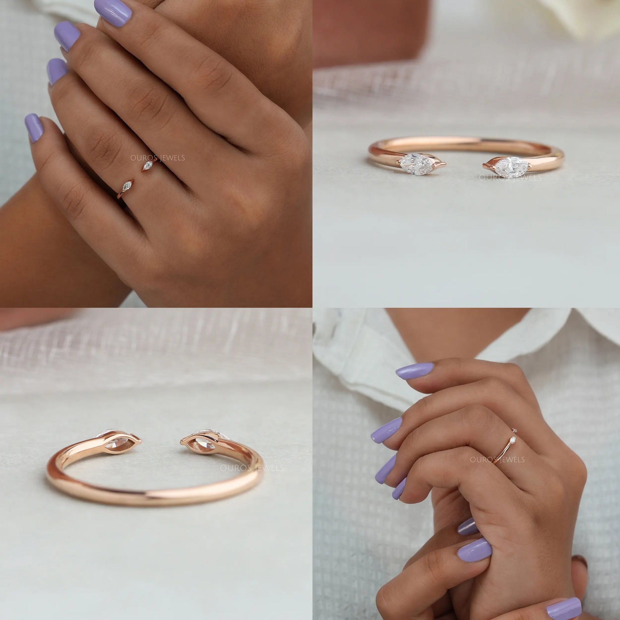 Open Cuff Two Stone Marquise Diamond Dainty Ring Rings