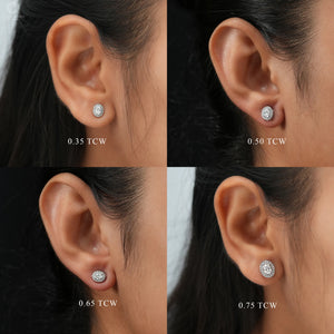 Different carats available of oval shaped diamond stud earring with a exquisite halo setting