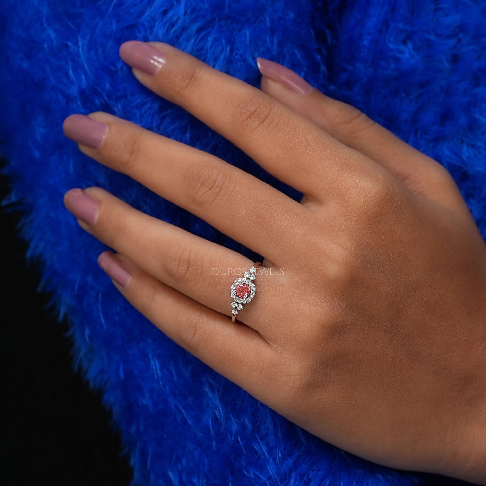 Pink Cushion Cut Halo Diamond Engagement Ring