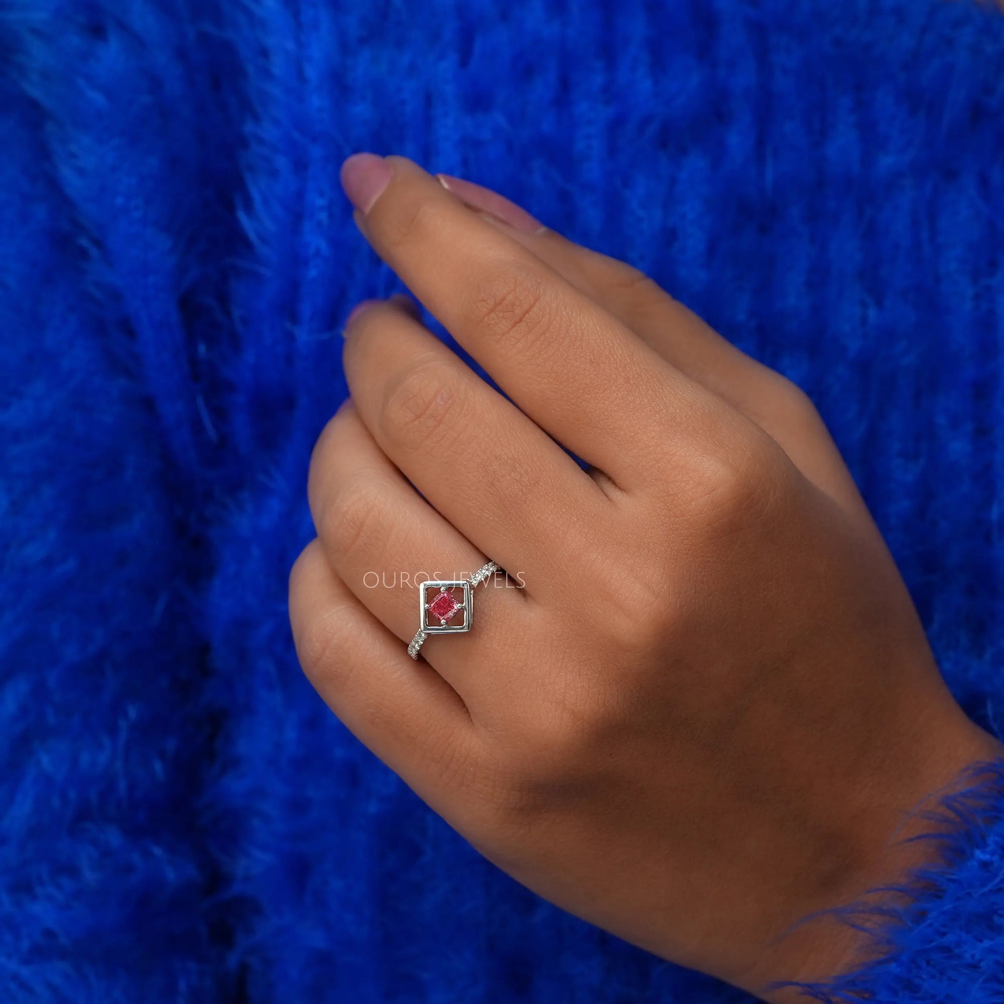 Pink Cushion Cut Solitaire Accent Diamond Ring