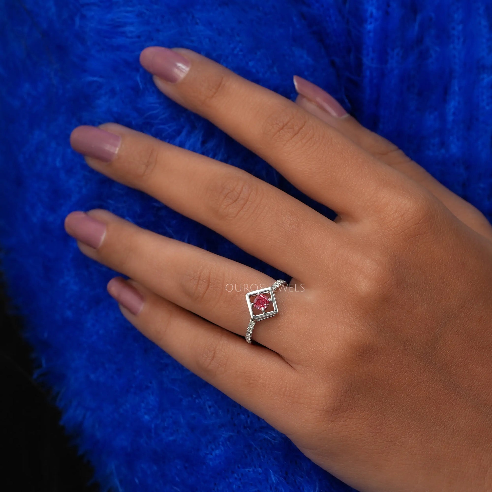 Pink Cushion Cut Solitaire Accent Diamond Ring