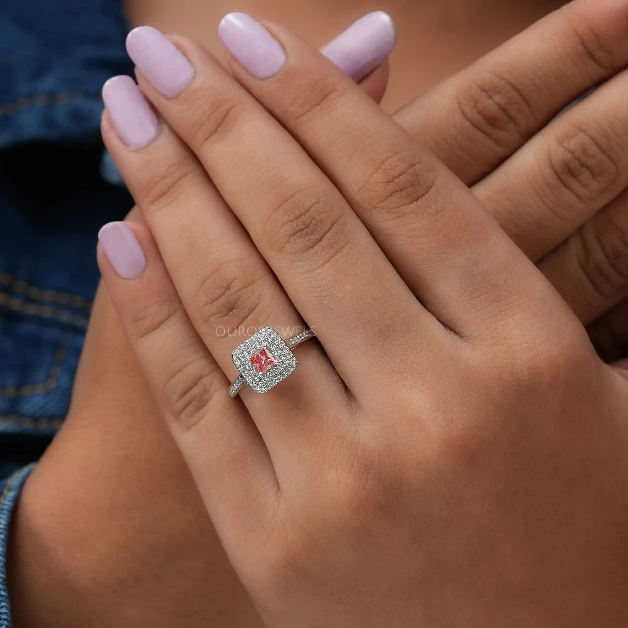 Pink Princess Cut Double Halo Engagement Ring