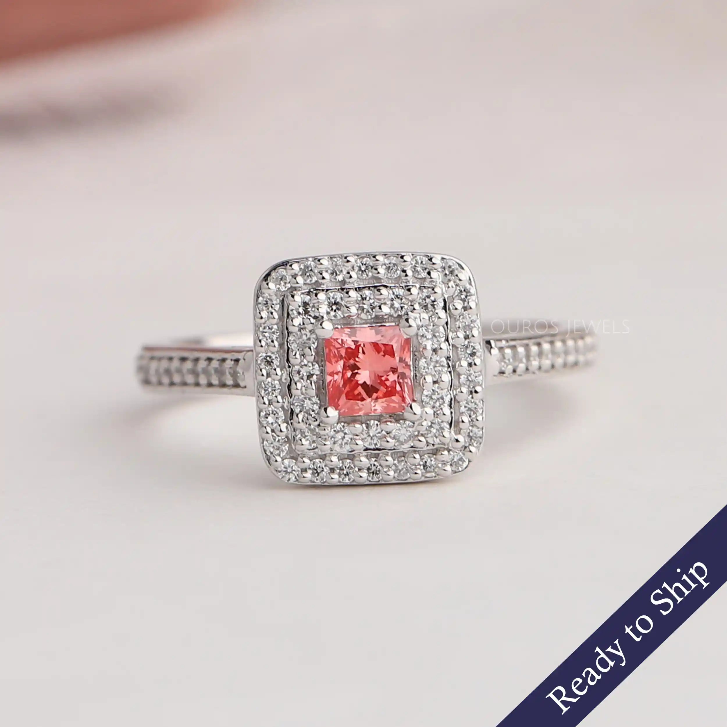 Pink Princess Cut Double Halo Engagement Ring