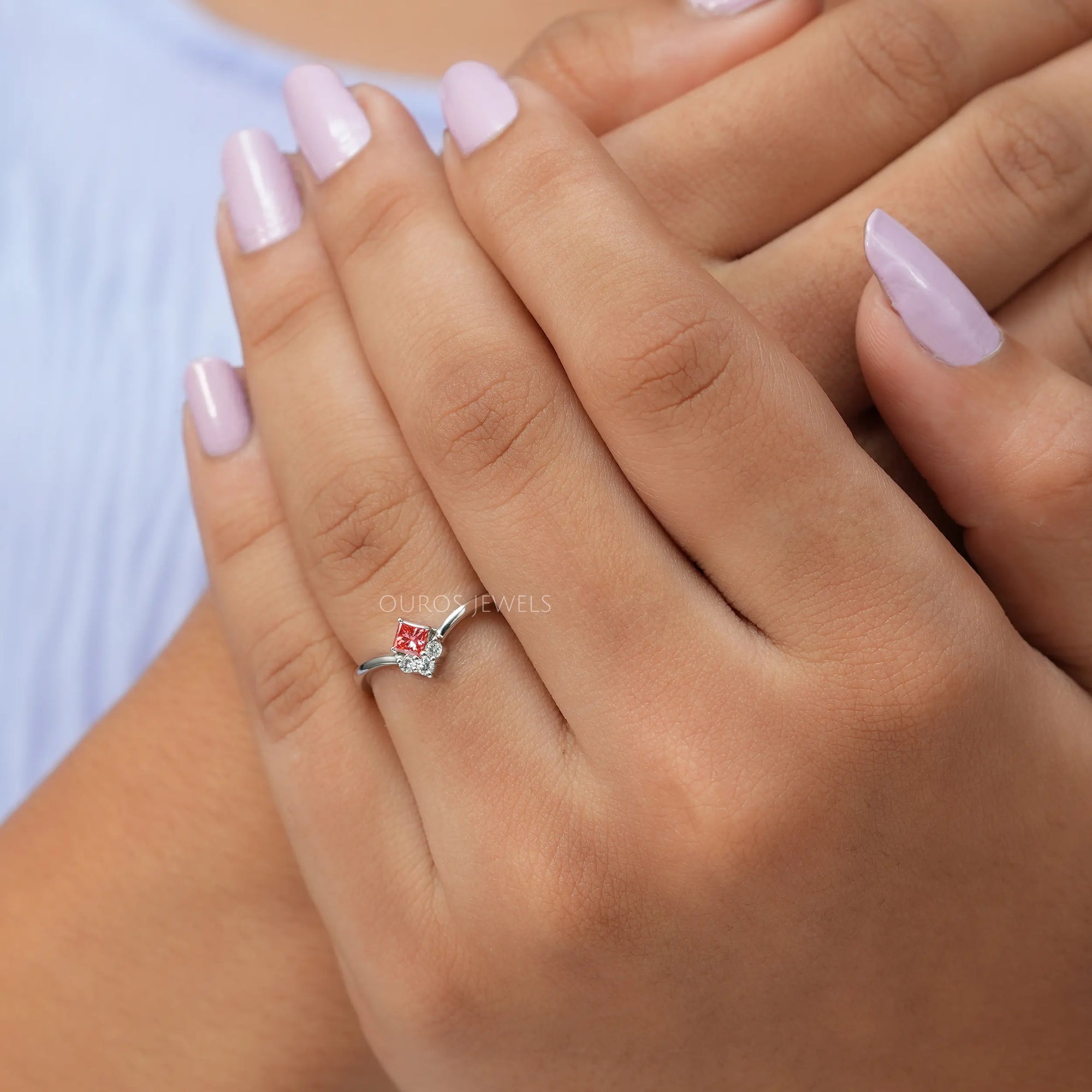 Pink Princess Cut Curved Dainty Ring