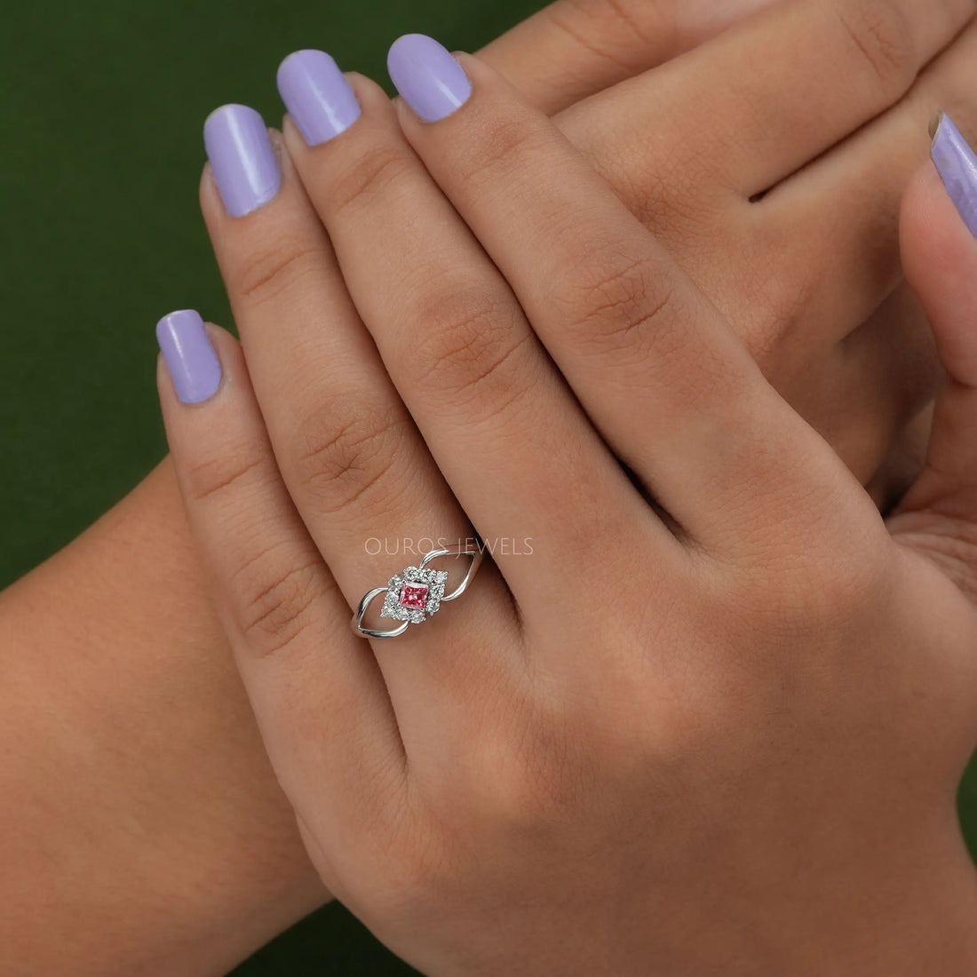 Pink Princess Cut Halo Split Shank Ring