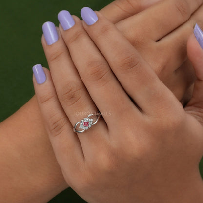 Pink Princess Cut Halo Split Shank Ring