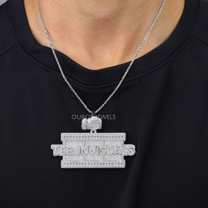 [On Neck View Of Round Cut Hip Hop Customized Diamond Pendant]-[Ouros Jewels]