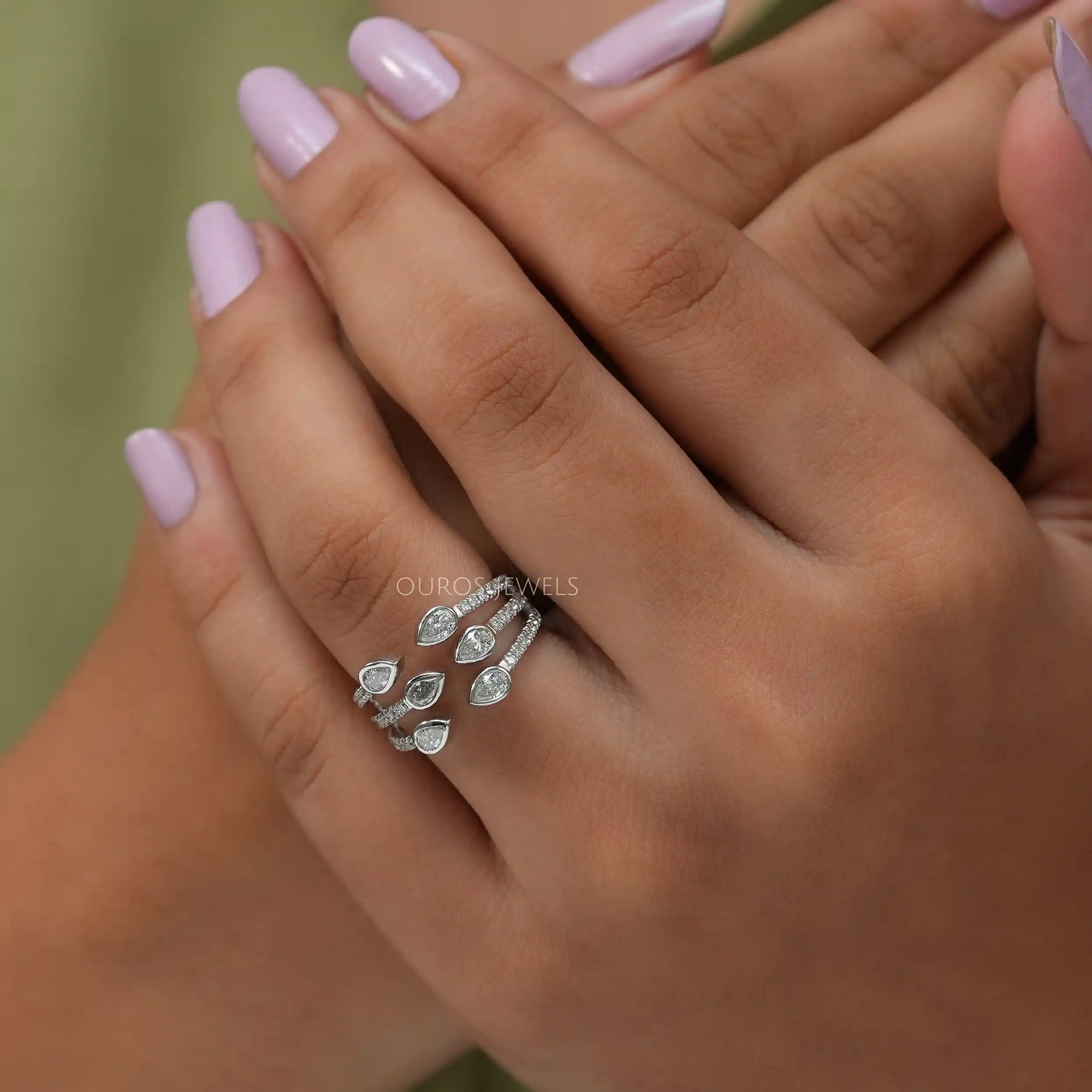 Three Row Pear Diamond Open Cuff Dainty Ring
