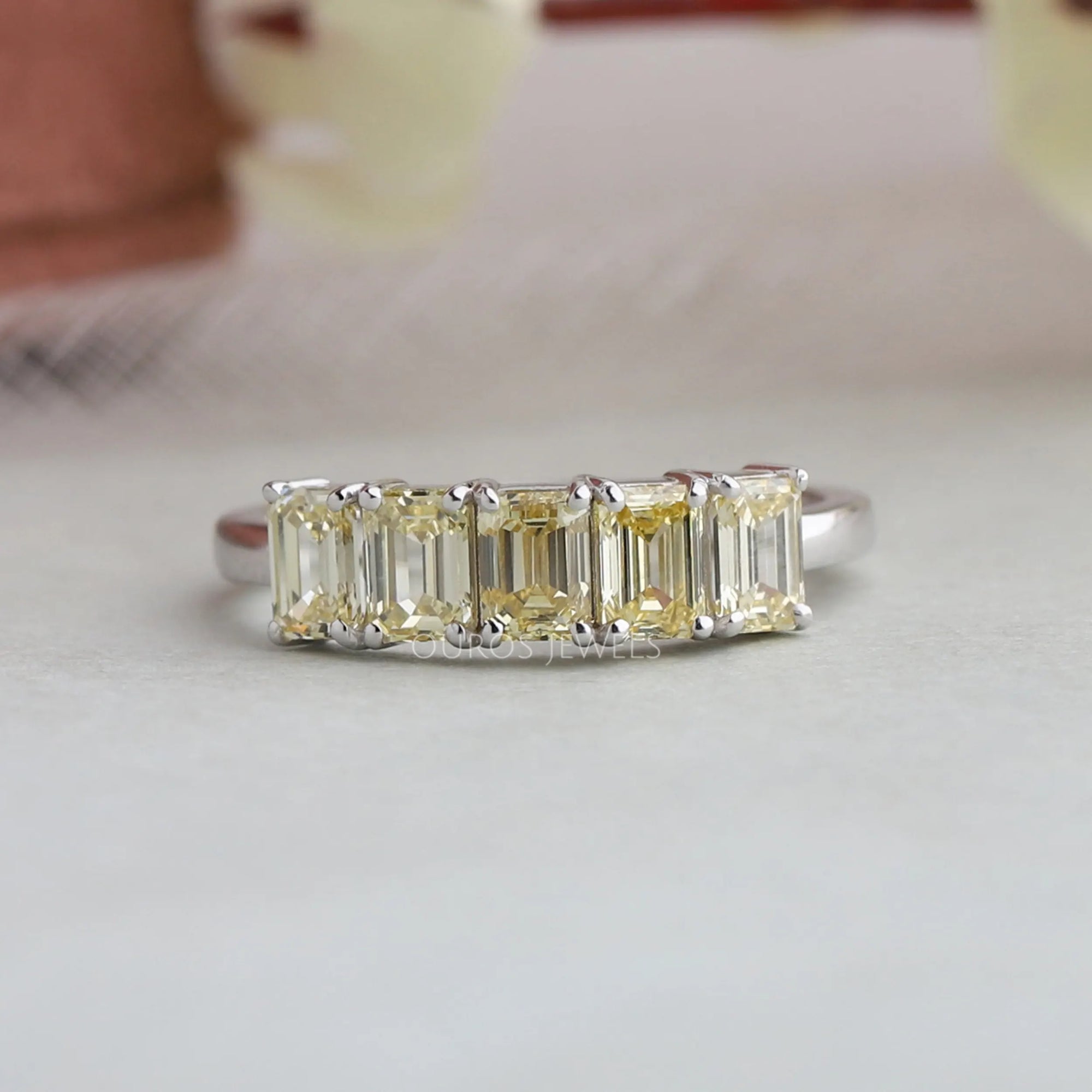 5 Stone Yellow Emerald Cut Wedding Ring