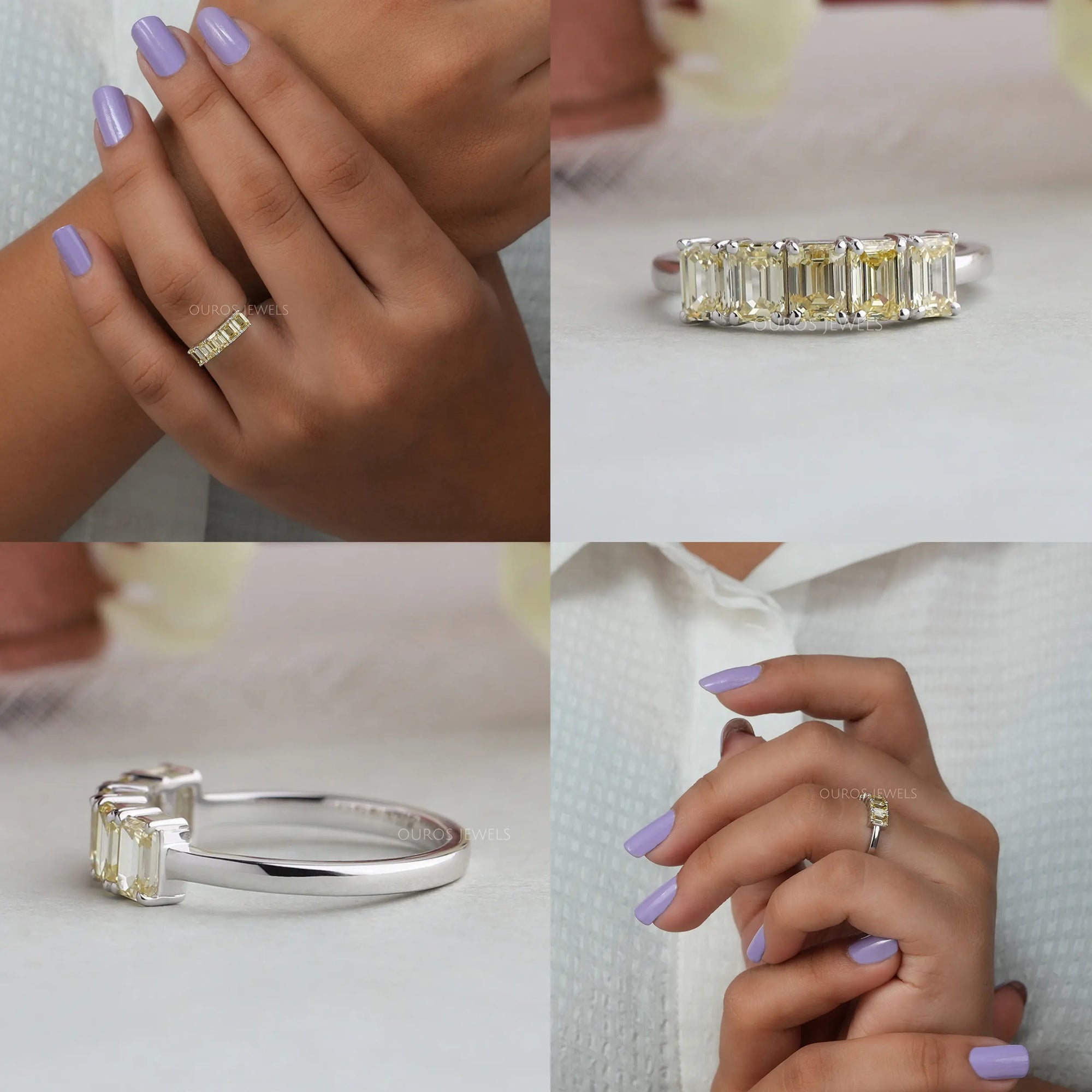 5 Stone Yellow Emerald Cut Wedding Ring