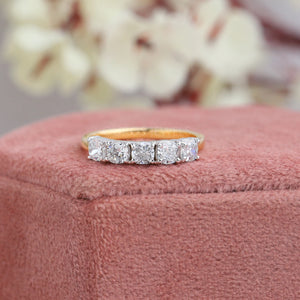 Cushion cut lab grown diamond half eternity wedding band in solid yellow gold